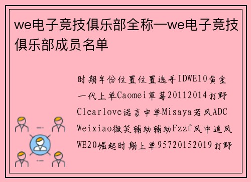 we电子竞技俱乐部全称—we电子竞技俱乐部成员名单